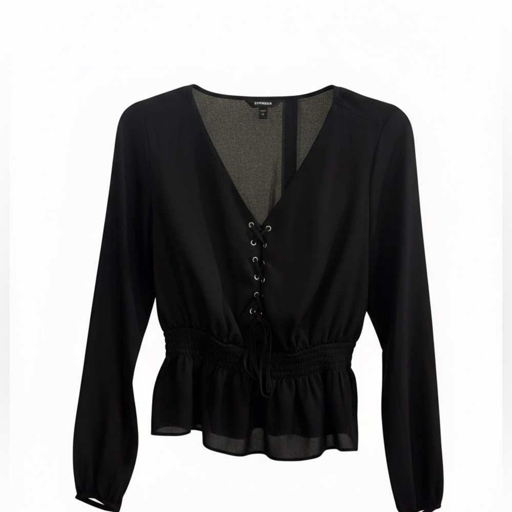 Express Black Lace-Up Front Peplum Blouse Size Small